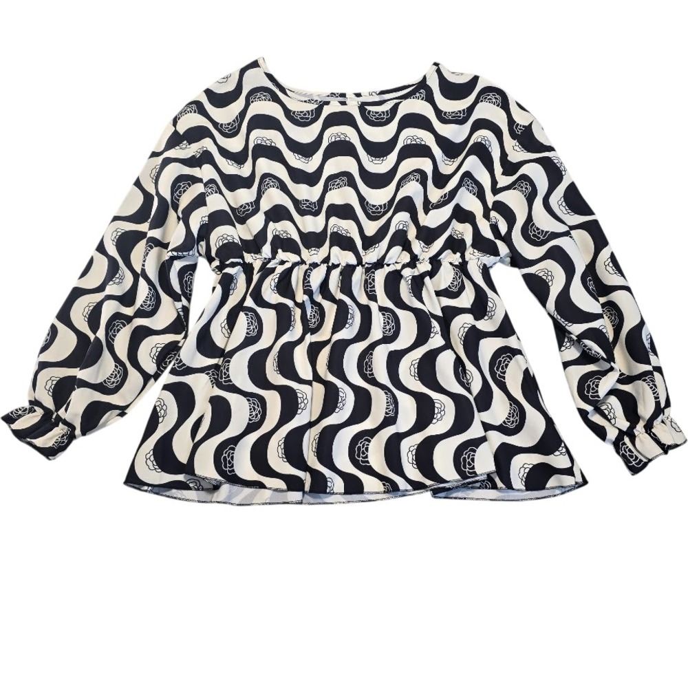 Shein Peplum Blouse Womens 1XL Black White‎ Mod Retro Eclectic Wavy Print Deco